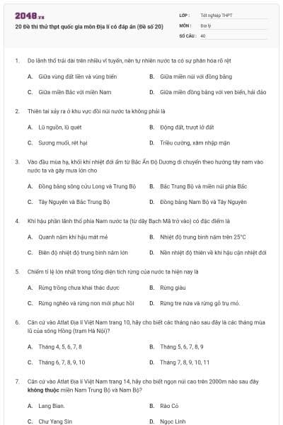 20 Đề thi thử thpt quốc gia môn Địa lí có đáp án (Đề số 20)