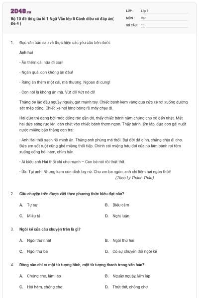 Bộ 10 đề thi giữa kì 1 Ngữ Văn lớp 8 Cánh diều có đáp án( Đề 4 )