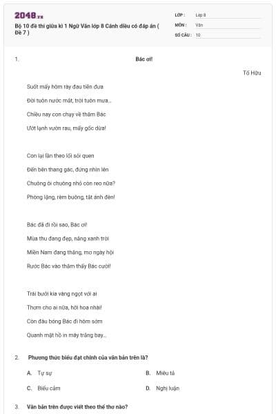 Bộ 10 đề thi giữa kì 1 Ngữ Văn lớp 8 Cánh diều có đáp án ( Đề 7 )