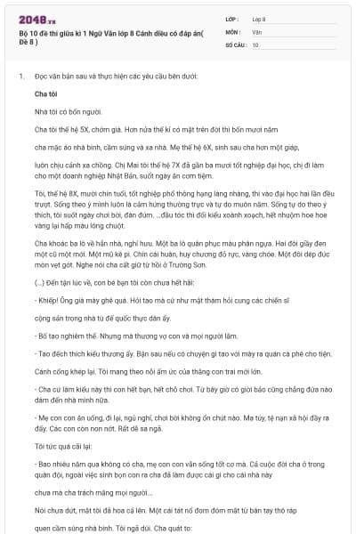 Bộ 10 đề thi giữa kì 1 Ngữ Văn lớp 8 Cánh diều có đáp án( Đề 8 )