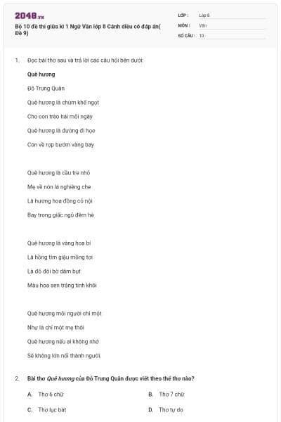 Bộ 10 đề thi giữa kì 1 Ngữ Văn lớp 8 Cánh diều có đáp án( Đề 9)