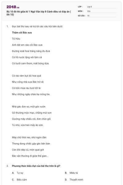 Bộ 10 đề thi giữa kì 1 Ngữ Văn lớp 8 Cánh diều có đáp án ( Đề 10)