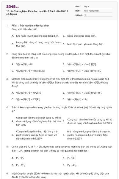 15 câu Trắc nghiệm Khoa học tự nhiên 9 Cánh diều Bài 10 có đáp án