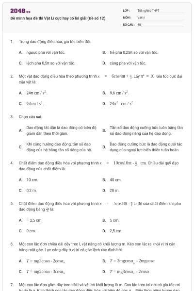 Đề minh họa đề thi Vật Lí cực hay có lời giải (Đề số 12)