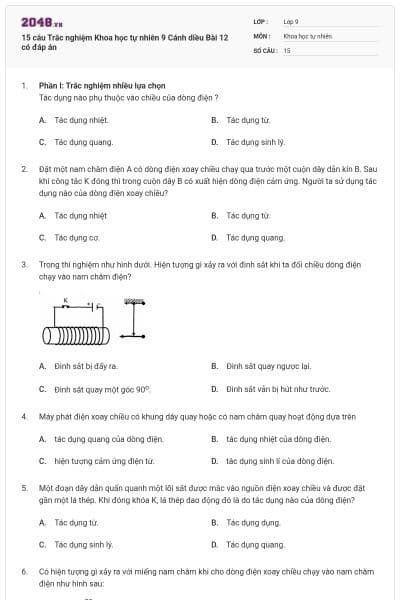 15 câu Trắc nghiệm Khoa học tự nhiên 9 Cánh diều Bài 12 có đáp án