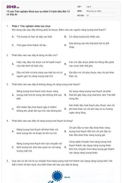 15 câu Trắc nghiệm Khoa học tự nhiên 9 Cánh diều Bài 13 có đáp án