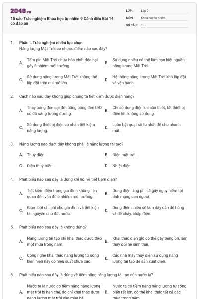 15 câu Trắc nghiệm Khoa học tự nhiên 9 Cánh diều Bài 14 có đáp án