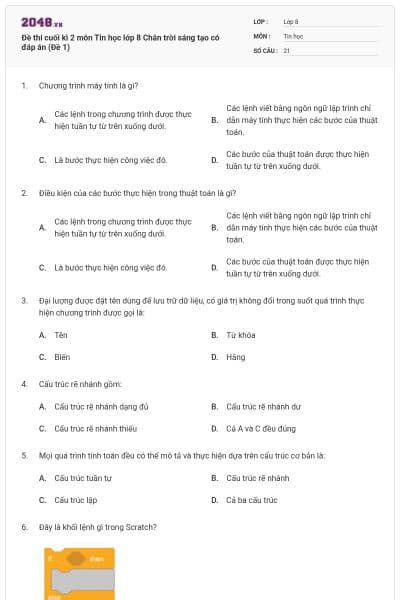 Đề thi cuối kì 2 môn Tin học lớp 8 Chân trời sáng tạo có đáp án (Đề 1)