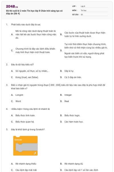 Đề thi cuối kì 2 môn Tin học lớp 8 Chân trời sáng tạo có đáp án (Đề 4)