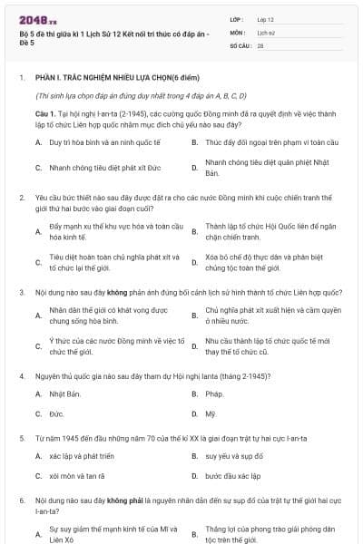 Bộ 5 đề thi giữa kì 1 Lịch Sử 12 Kết nối tri thức có đáp án - Đề 5