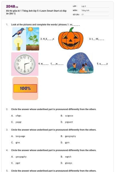 Đề thi giữa kì 1 Tiếng Anh lớp 5 i-Learn Smart Start  có đáp án (Đề 1)