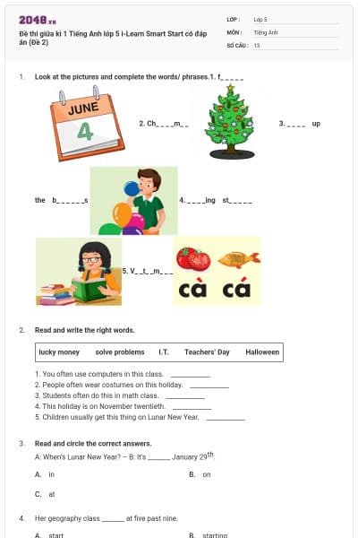 Đề thi giữa kì 1 Tiếng Anh lớp 5 i-Learn Smart Start  có đáp án (Đề 2)