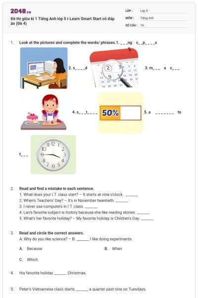 Đề thi giữa kì 1 Tiếng Anh lớp 5 i-Learn Smart Start  có đáp án (Đề 4)