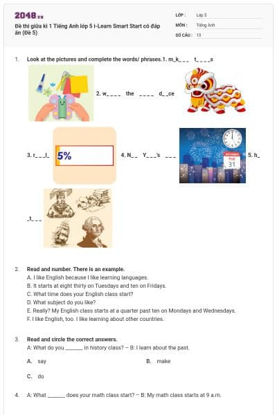 Đề thi giữa kì 1 Tiếng Anh lớp 5 i-Learn Smart Start  có đáp án (Đề 5)