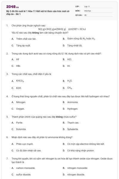 Bộ 3 đề thi cuối kì 1 Hóa 11 Kết nối tri thức cấu trúc mới có đáp án - Đề 1