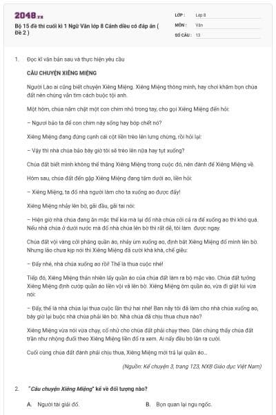 Bộ 15 đề thi cuối kì 1 Ngữ Văn lớp 8 Cánh diều có đáp án ( Đề 2 )