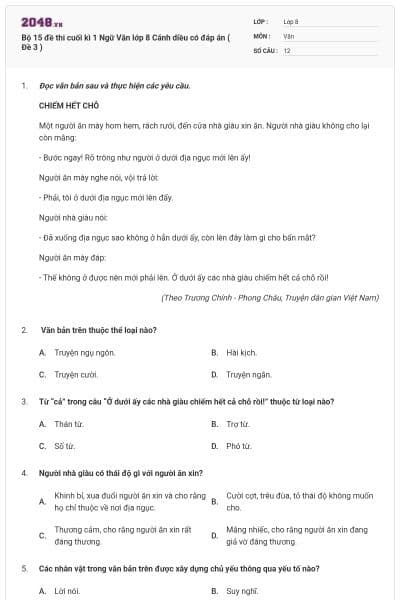 Bộ 15 đề thi cuối kì 1 Ngữ Văn lớp 8 Cánh diều có đáp án ( Đề 3 )