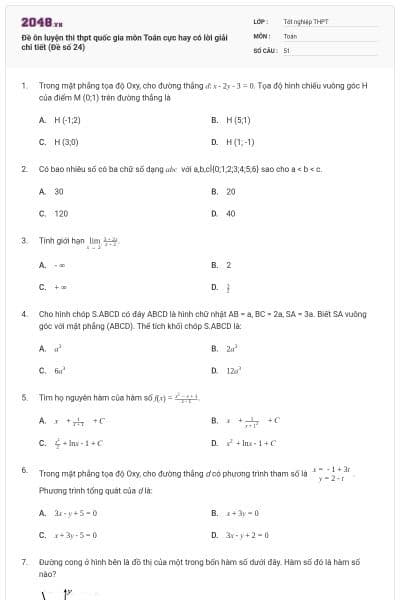 Đề ôn luyện thi thpt quốc gia môn Toán cực hay có lời giải chi tiết (Đề số 24)