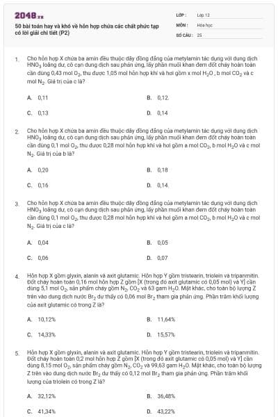 50 bài toán hay và khó về hỗn hợp chứa các chất phức tạp có lời giải chi tiết (P2)