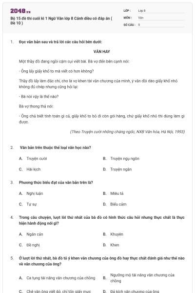 Bộ 15 đề thi cuối kì 1 Ngữ Văn lớp 8 Cánh diều có đáp án ( Đề 10 )