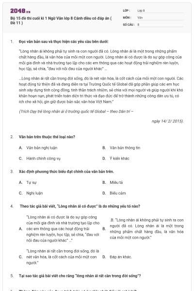 Bộ 15 đề thi cuối kì 1 Ngữ Văn lớp 8 Cánh diều có đáp án ( Đề 11 )