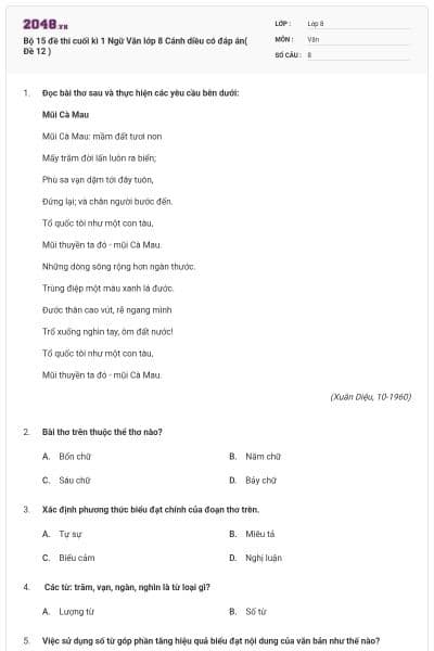 Bộ 15 đề thi cuối kì 1 Ngữ Văn lớp 8 Cánh diều có đáp án( Đề 12 )