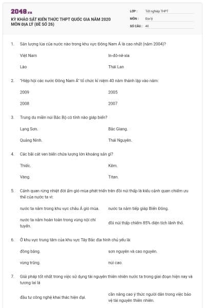 KỲ KHẢO SÁT KIẾN THỨC THPT QUỐC GIA NĂM 2020 MÔN ĐỊA LÝ (ĐỀ SỐ 26)
