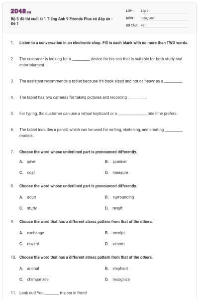 Bộ 5 đề thi cuối kì 1 Tiếng Anh 9 Friends Plus có đáp án - Đề 1