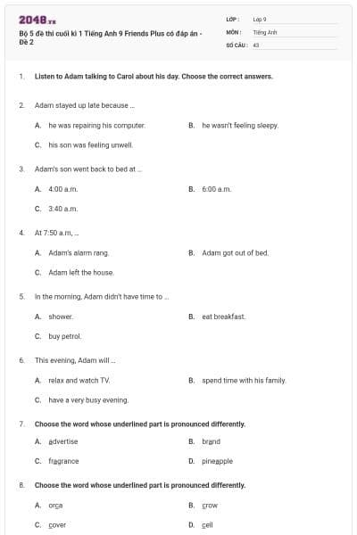 Bộ 5 đề thi cuối kì 1 Tiếng Anh 9 Friends Plus có đáp án - Đề 2