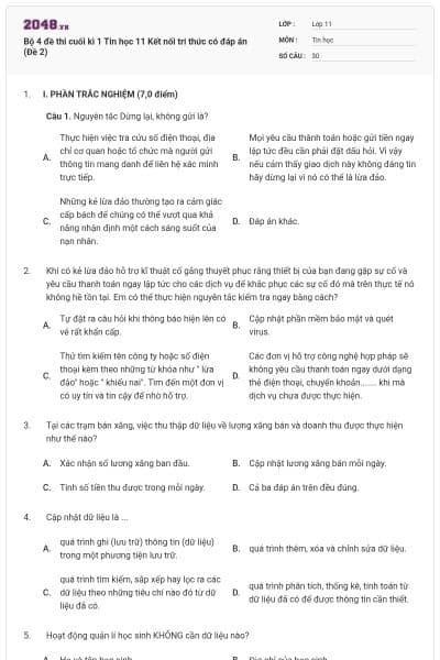 Bộ 4 đề thi cuối kì 1 Tin học 11 Kết nối tri thức có đáp án (Đề 2)