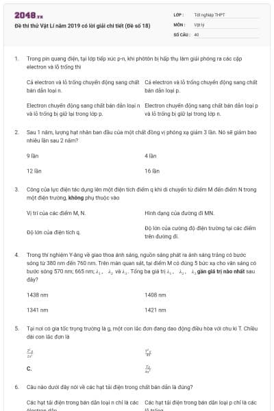 Đề thi thử Vật Lí năm 2019 có lời giải chi tiết (Đề số 18)