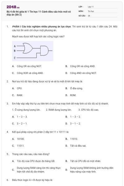 Bộ 4 đề thi giữa kì 1 Tin học 11 Cánh diều cấu trúc mới có đáp án (Đề 2)