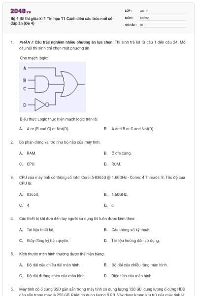 Bộ 4 đề thi giữa kì 1 Tin học 11 Cánh diều cấu trúc mới có đáp án (Đề 4)