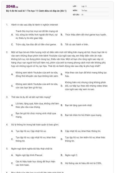 Bộ 4 đề thi cuối kì 1 Tin học 11 Cánh diều có đáp án (Đề 1)