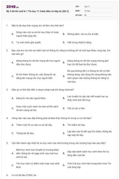 Bộ 4 đề thi cuối kì 1 Tin học 11 Cánh diều có đáp án (Đề 2)