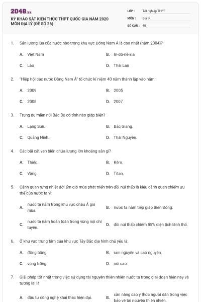 KỲ KHẢO SÁT KIẾN THỨC THPT QUỐC GIA NĂM 2020 MÔN ĐỊA LÝ (ĐỀ SỐ 26)