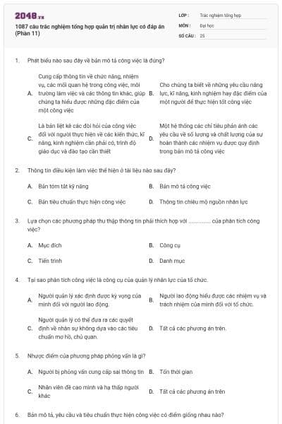 1087 câu trắc nghiệm tổng hợp quản trị nhân lực có đáp án (Phần 11)