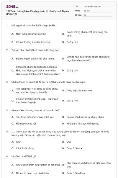 1087 câu trắc nghiệm tổng hợp quản trị nhân lực có đáp án (Phần 12)