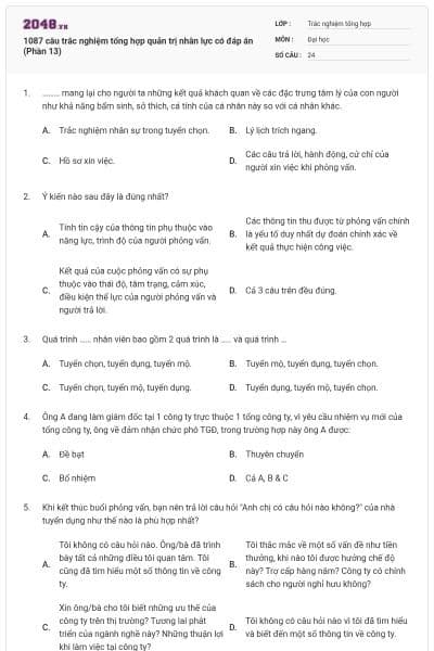 1087 câu trắc nghiệm tổng hợp quản trị nhân lực có đáp án (Phần 13)