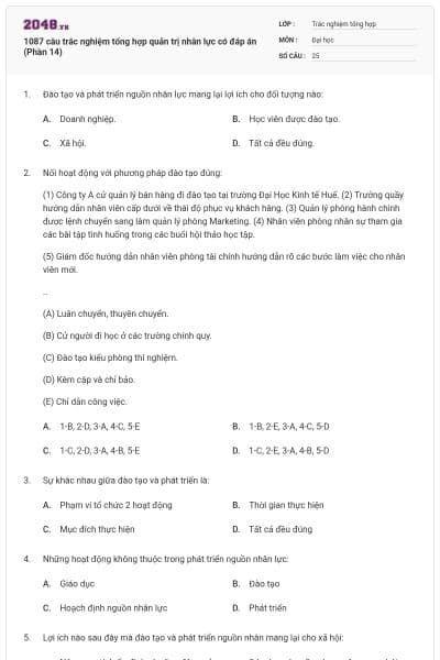 1087 câu trắc nghiệm tổng hợp quản trị nhân lực có đáp án (Phần 14)