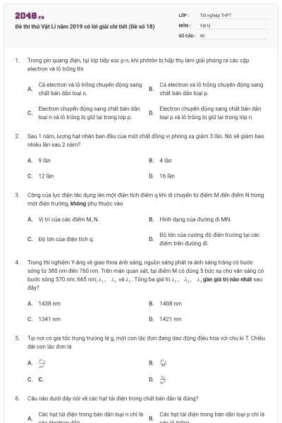 Đề thi thử Vật Lí năm 2019 có lời giải chi tiết (Đề số 18)