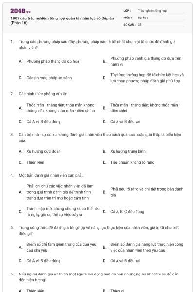 1087 câu trắc nghiệm tổng hợp quản trị nhân lực có đáp án (Phần 16)