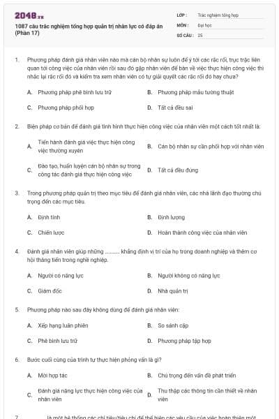 1087 câu trắc nghiệm tổng hợp quản trị nhân lực có đáp án (Phần 17)