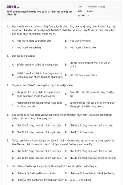 1087 câu trắc nghiệm tổng hợp quản trị nhân lực có đáp án (Phần 18)