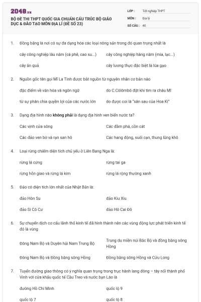 BỘ ĐỀ THI THPT QUỐC GIA CHUẨN CẤU TRÚC BỘ GIÁO DỤC & ĐÀO TẠO MÔN ĐỊA LÍ (ĐỀ SỐ 23)