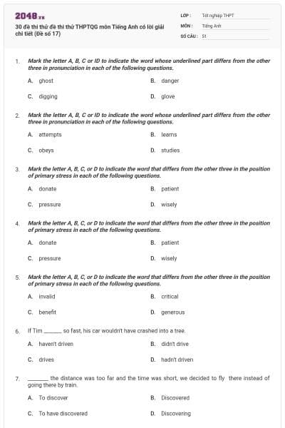 30 đề thi thử đề thi thử THPTQG môn Tiếng Anh có lời giải chi tiết (Đề số 17)