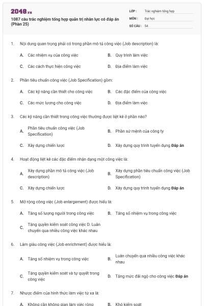 1087 câu trắc nghiệm tổng hợp quản trị nhân lực có đáp án (Phần 25)
