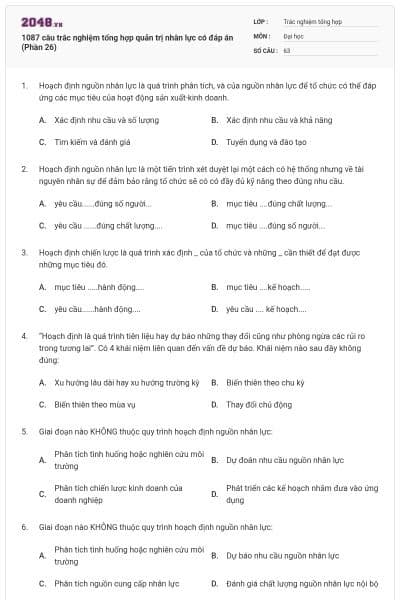 1087 câu trắc nghiệm tổng hợp quản trị nhân lực có đáp án (Phần 26)