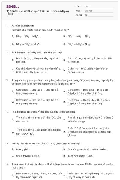 Bộ 3 đề thi cuối kì 1 Sinh học 11 Kết nối tri thức có đáp án - Đề 3