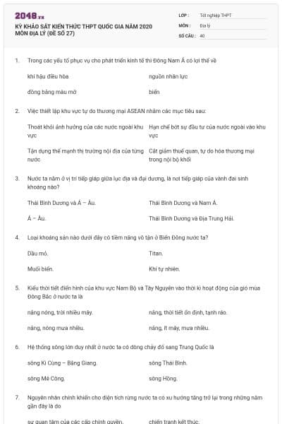 KỲ KHẢO SÁT KIẾN THỨC THPT QUỐC GIA NĂM 2020 MÔN ĐỊA LÝ (ĐỀ SỐ 27)